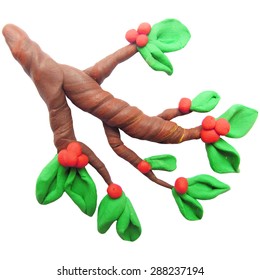 Vector illustration. Icon of plasticine tree branch with red berry on white background. 