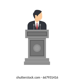 Vector illustration or icon. Politician behind the tribune delivering a speech