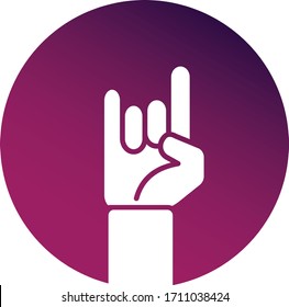 Vector Illustration Icon Of Raised Fan Hands In A Circle Isolated On White Background. Online Rock Concert. Purple Pink Button. Rock N Roll Sign, Hand-horn, Live Streaming