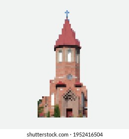 Vector illustration icon of a red brick church building behind the trees