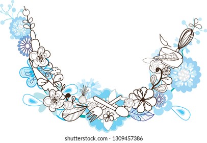 vector illustration for icon restaurant menu, flyers, brochures. set of hand drawn doodle with cooking ingredients, food, bakery and kitchen.  nice design bouquet flower and cook, Berkeley