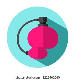 Vector illustration icon of retro style perfume bottle with pomp. Flat design, dark grey and pink colors, blue circle background