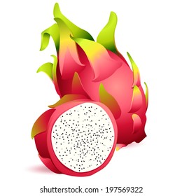 Vector Illustration Icon Of Ripe Exotic Dragon Fruit With Slice