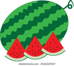 Vector illustration icon of ripe watermelon with triangle shaped cut watermelon, perfect for summer themed designs, food blogs, and product packaging.