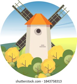 vector illustration icon round shape on white background windmill on background of sky and fields