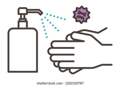 Vector illustration icon of sanitizing alcohol being sprayed on hands to prevent viral infection