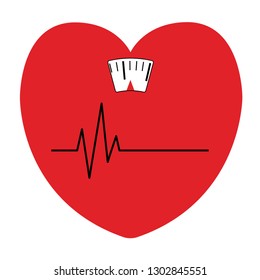 vector illustration icon of a scale with a heartbeat in the form of a red hart, healthy food and diet concept.