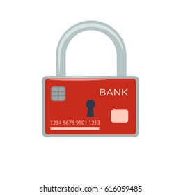 Vector illustration. Icon of security of electronic, online payments and safety of money. Bank card and lock.