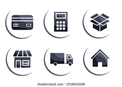 Ilustración vectorial de un conjunto de íconos sobre tienda online, trabajo desde casa, empresa doméstica, fabricantes, distribuidores, consumidores.  con un diseño plano minimalista.  10.