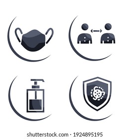 vector illustration of icon set about quarantine, keep your distance, wear a mask, use hand sanitizer, protection from viruses, virus shield.  with minimalist modern flat design style black and white.