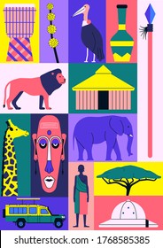 Vector illustration icon set of Africa. Drum, flower, african bird, jug, spear, lion, house, giraffe, mask, elephant, car, people, tree, hat.