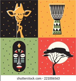 Vector illustration icon set of Africa: giraffe, music, tribal mask, tree