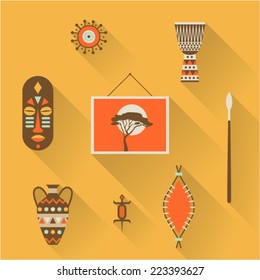 Vector illustration icon set of Africa: mask, decoration, drum, picture, vase, lizard, shield, spear