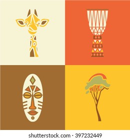 Vector illustration icon set of Africa: giraffe, drum, mask,tree