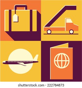 Vector illustration icon set of airport: luggage, car, plane, passport