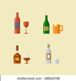 Vector illustration icon set of alcoholic drinks: wine, beer, brandy, vodka