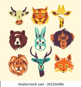 Vector illustration icon set of animal: cow, tiger, giraffe, bear, rabbit, monkey, lion, deer, fox