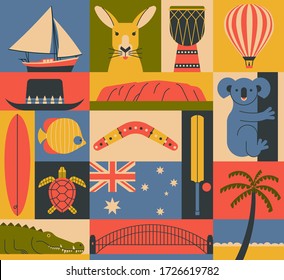 Vector illustration icon set of Australia. Boat, kangaroo, drum, balloon, surfing, fish, boomerang, cricket, koala, palm tree, bridge, turtle, crocodile.