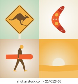 Vector illustration icon set of Australia: kangaroo, boomerang, surfing, nature