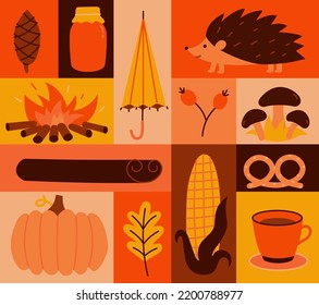 Vector illustration icon set of autumn.  Acorn, jam, umbrella, hedgehog, fire, berry, mushroom, sweet, pumpkin, oak leaf, corn, cookies, tea. Orange background.