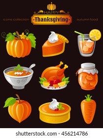 Vector illustration icon set with autumn and thanksgiving food and symbols on black background. Includes pumpkin vegetable, pie slice, orange juice, soup, roast turkey, apricot jam, cake, carrot. 