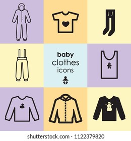 vector illustration of icon set with baby clothes including towel pants hoodies and overall outfit 