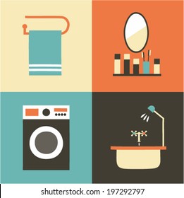 Vector illustration icon set of bath: towel, mirror, washing machine, bathroom