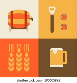 Vector illustration icon set of beer: barrel, bottle opener, malt, beer mug