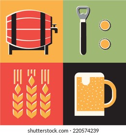 Vector illustration icon set of beer: barrel, bottle opener, malt, beer mug