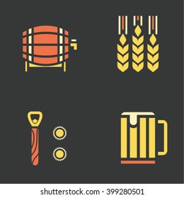 Vector illustration icon set of beer: barrel, ale, opener,  mug of beer