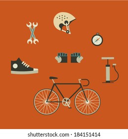 Vector illustration icon set of bicycle: helmet, gloves, pumps, boots, compass, service, bike