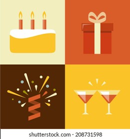 Vector illustration icon set of birthday: cake, gift, confetti, cocktail