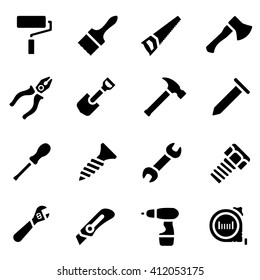 Vector illustration. Icon set of black simple silhouette of work tools in flat design. For info graphic, web banners, promotional materials, presentation templates and your interface