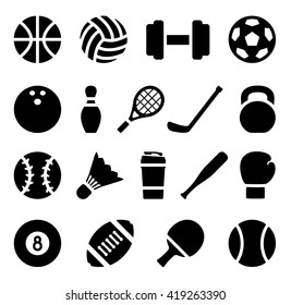 Vector illustration. Icon set of black simple silhouette of sports equipment in flat design. For info graphic, web banners, promotional materials, presentation templates and your interface