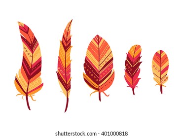 Vector illustration. Icon set of boho tribal abstract feathers in red tones on white background. Great for your design.