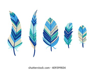 Vector illustration. Icon set of boho tribal abstract feathers in blue tones on white background. Great for your design.