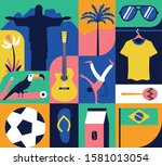 Vector illustration icon set of Brazil, pattern, color background. Statue, flower, toucan, football, guitar, capoeira, coffee, palm tree, t-shirt, maracas, flag, sunglasses, flip flops.