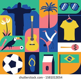 Vector illustration icon set of Brazil, pattern, color background. Statue, flower, toucan, football, guitar, capoeira, coffee, palm tree, t-shirt, maracas, flag, sunglasses, flip flops.