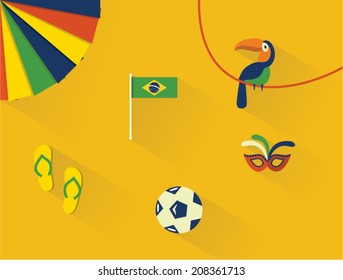 Vector illustration icon set of Brazil: flag, shoes, football, carnival mask, bird, umbrella