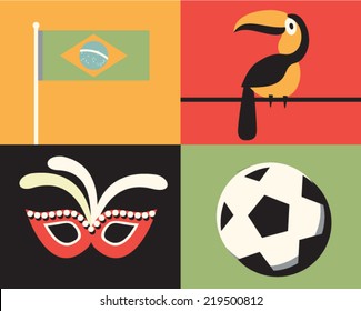 Vector illustration icon set of Brazil: flag, bird, mask, football