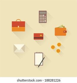 Vector illustration icon set of business: money, card, calculator, portfolio, message, notebook