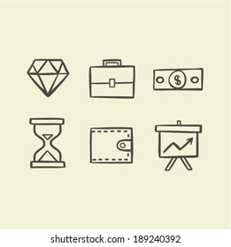 Vector illustration icon set of business: diamond, bag, money, watch, wallet, schedule