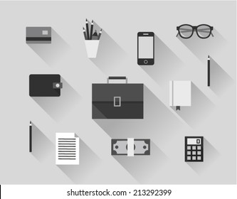 Vector illustration icon set of business: money, card, calculator, briefcase, book, paper, pencil, wallet, phone, glasses