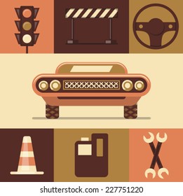 Vector illustration icon set of car, traffic light, danger, steering wheel, traffic cone, fuel, repair