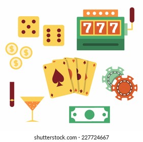 Vector illustration icon set of casino: dice, slot machine, coin, cards, chips, cocktail, cigar, money