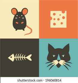 Vector illustration icon set of cat, mouse, cheese and fish