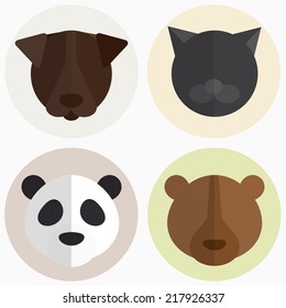 Vector illustration icon set of cat, dog, panda and bear in flat style. 