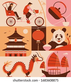 Vector illustration icon set of China. Rickshaw, сhinese tea, temple, lantern, panda, dradon, boat.