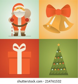 Vector illustration icon set of christmas: Santa Claus, bell, gift, tree