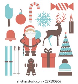 Vector illustration icon set of christmas: Santa Claus, reindeer, bell, tree, gift, candy, cookies, ice cream, candle, snow, skiing